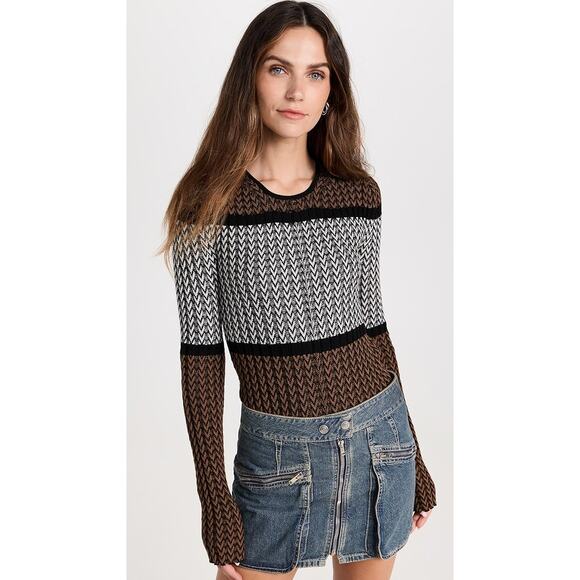 Helmut Lang Tri Color Crewneck Sweater Herringbone Merino Wool Camel Brown Small - Picture 2 of 11